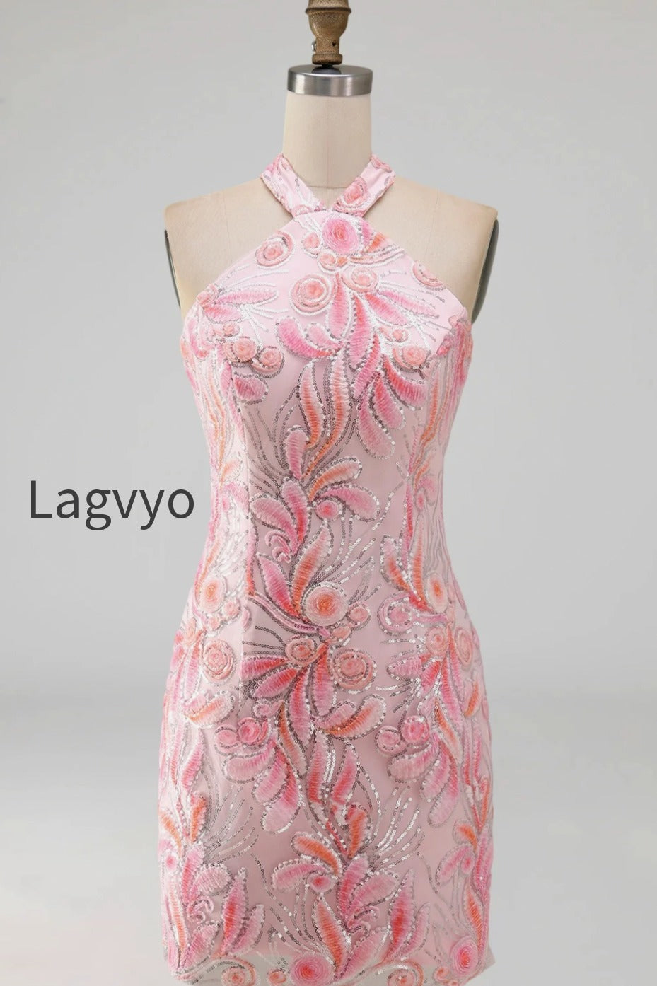sparkly-pink-floral-halter-sequin-tight-short-homecoming-dress