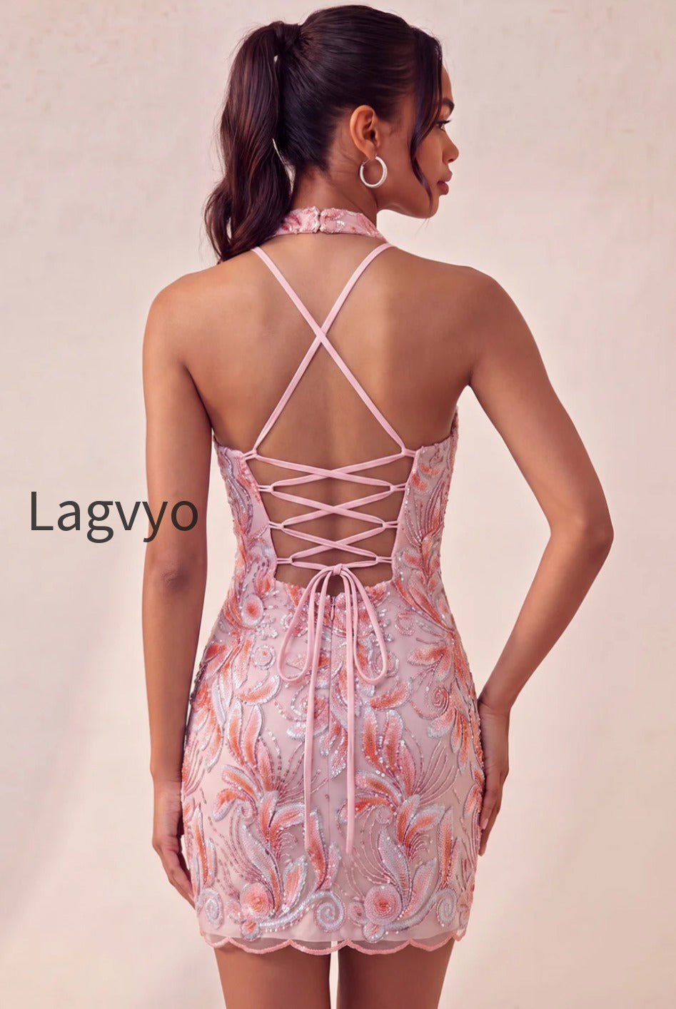 sparkly-pink-floral-halter-sequin-tight-short-homecoming-dress