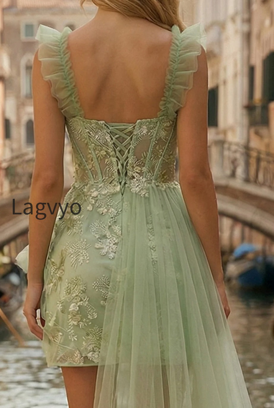 sparkly-light-green-appliqued-thick-straps-ruffled-a-line-short-prom-dress-with-cape
