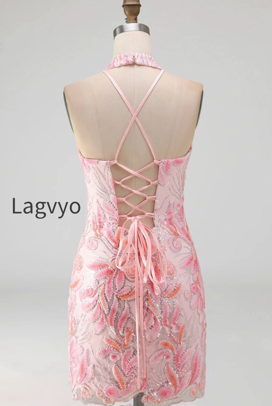 sparkly-pink-floral-halter-sequin-tight-short-homecoming-dress