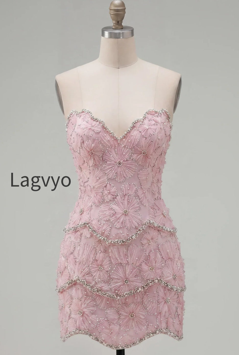 sparkly-pink-floral-tight-short-strapless-homecoming-dress-with-pearls