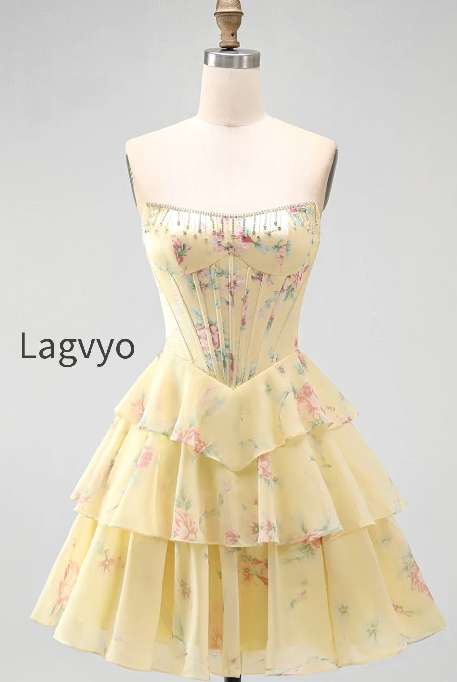 yellow-a-line-floral-corset-short-fringed-strapless-homecoming-dress-with-ruffles