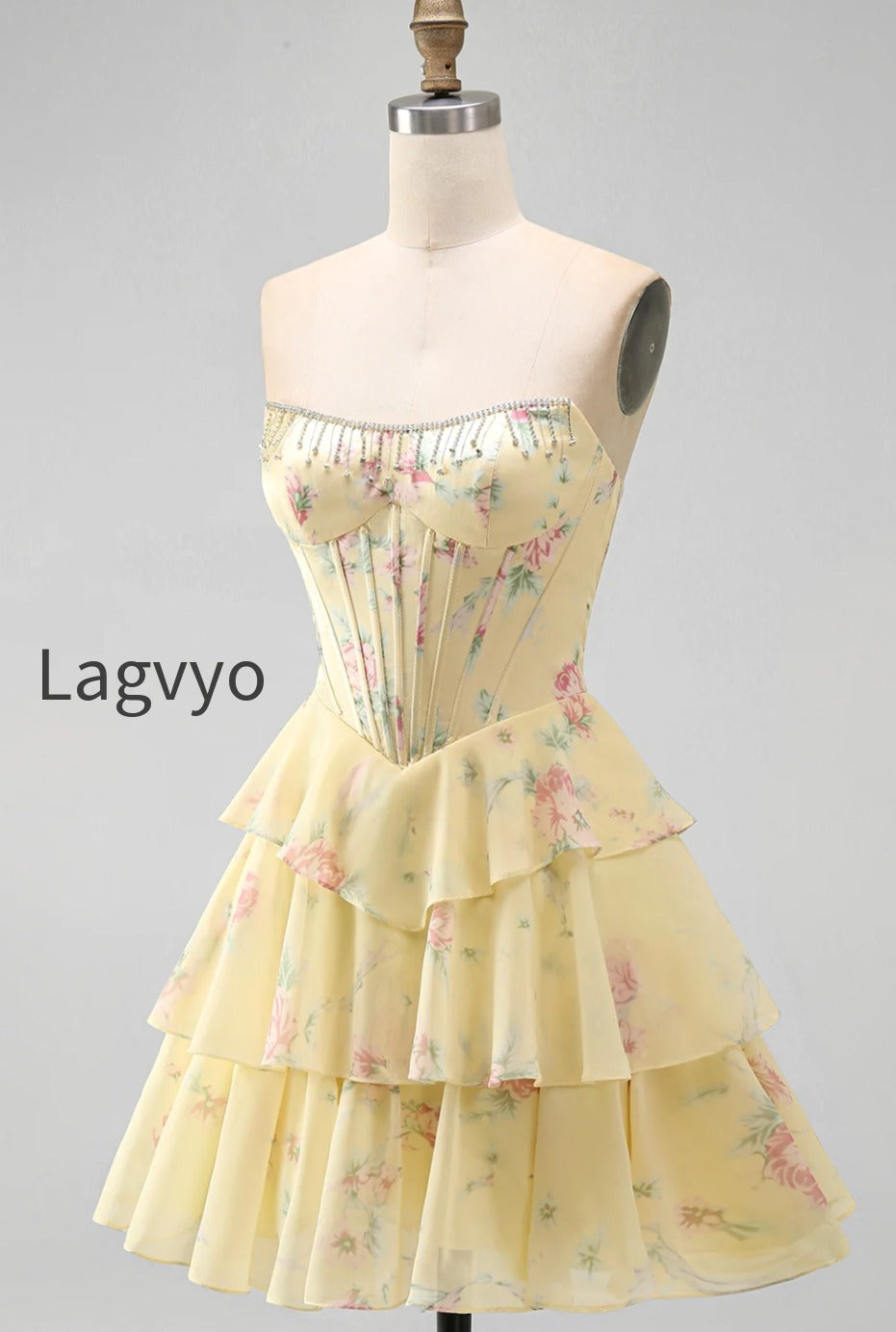 yellow-a-line-floral-corset-short-fringed-strapless-homecoming-dress-with-ruffles