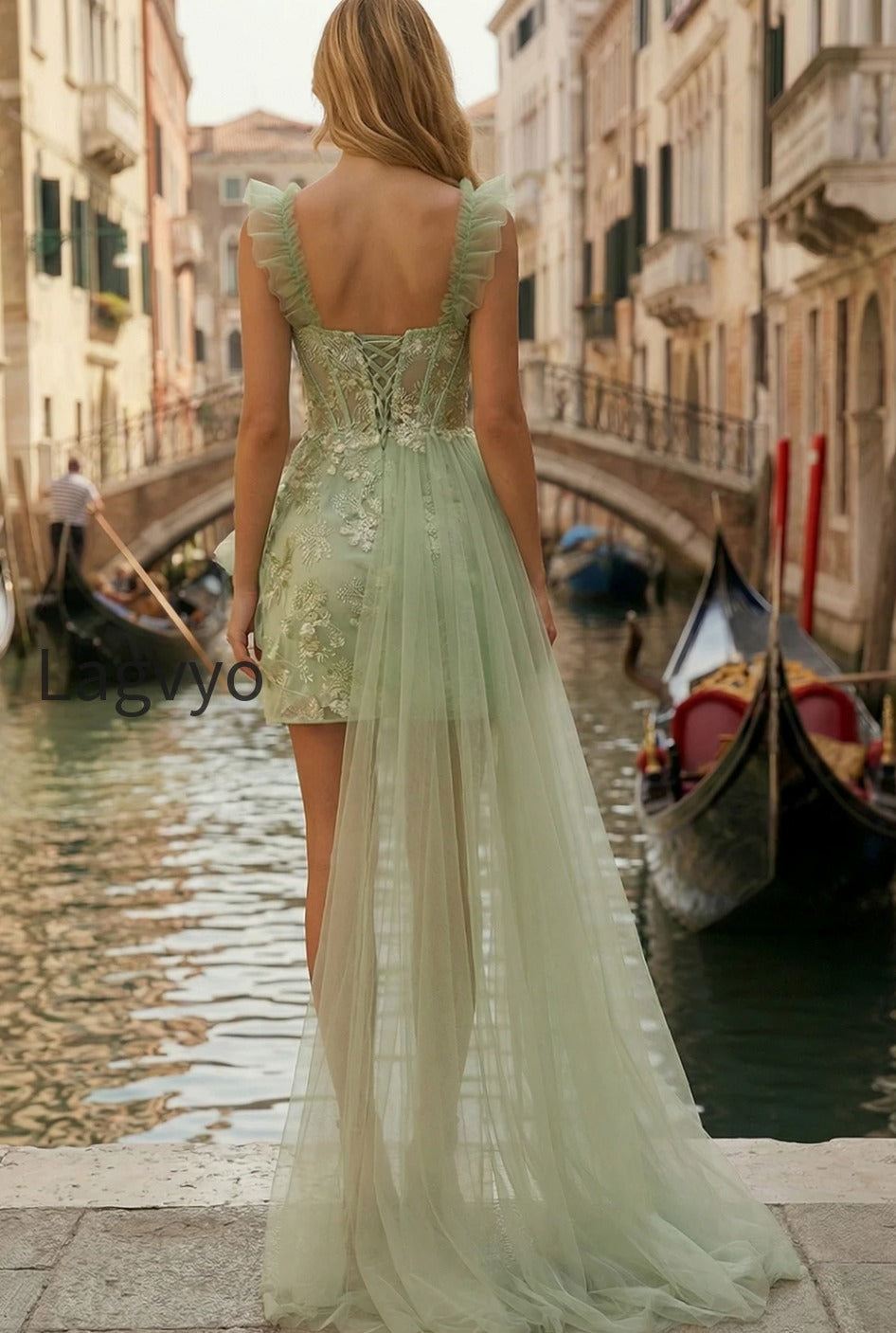sparkly-light-green-appliqued-thick-straps-ruffled-a-line-short-prom-dress-with-cape