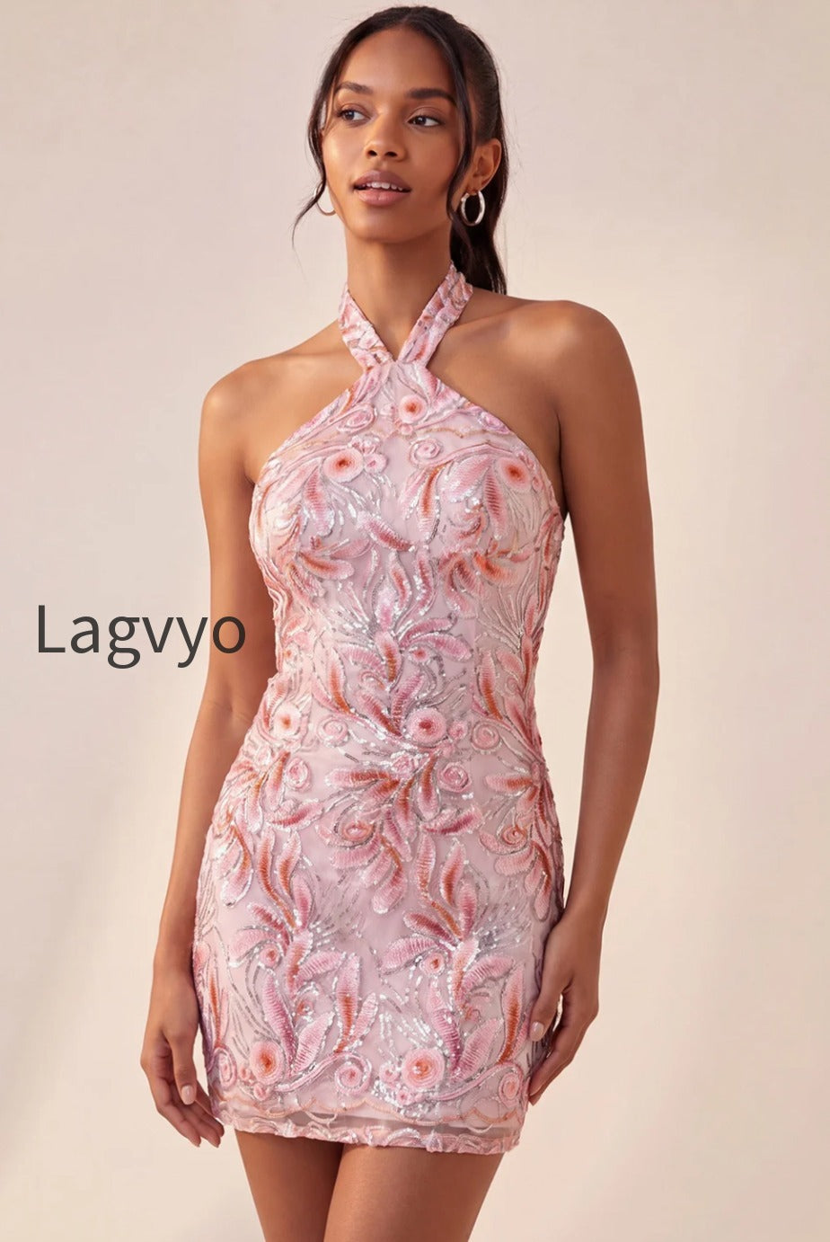 sparkly-pink-floral-halter-sequin-tight-short-homecoming-dress