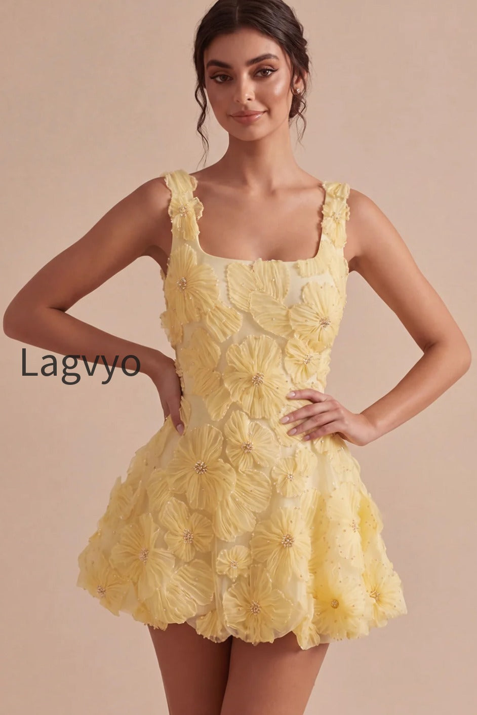 light-yellow-floral-a-line-beaded-bubble-short-homecoming-dress
